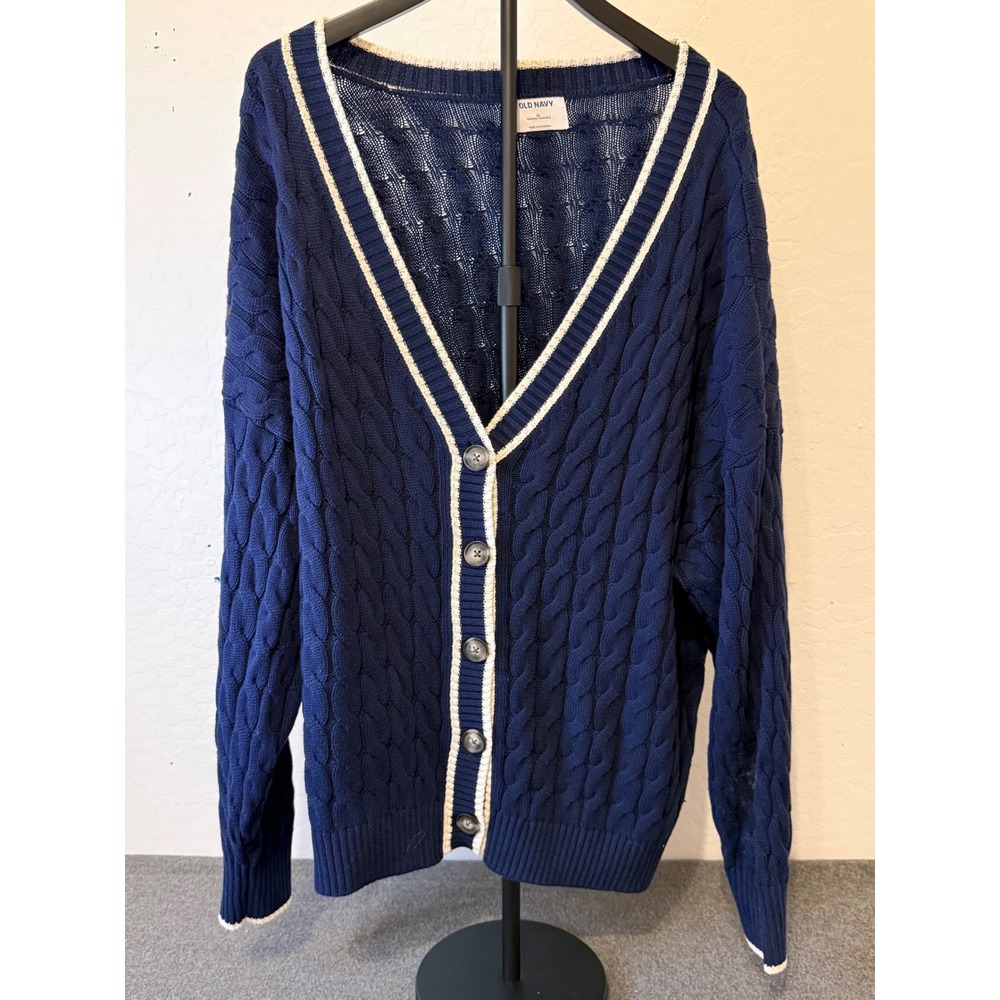 Old Navy Women XL Navy Blue Cable Knit Varsity Stripe Cotton Cardigan Sweater